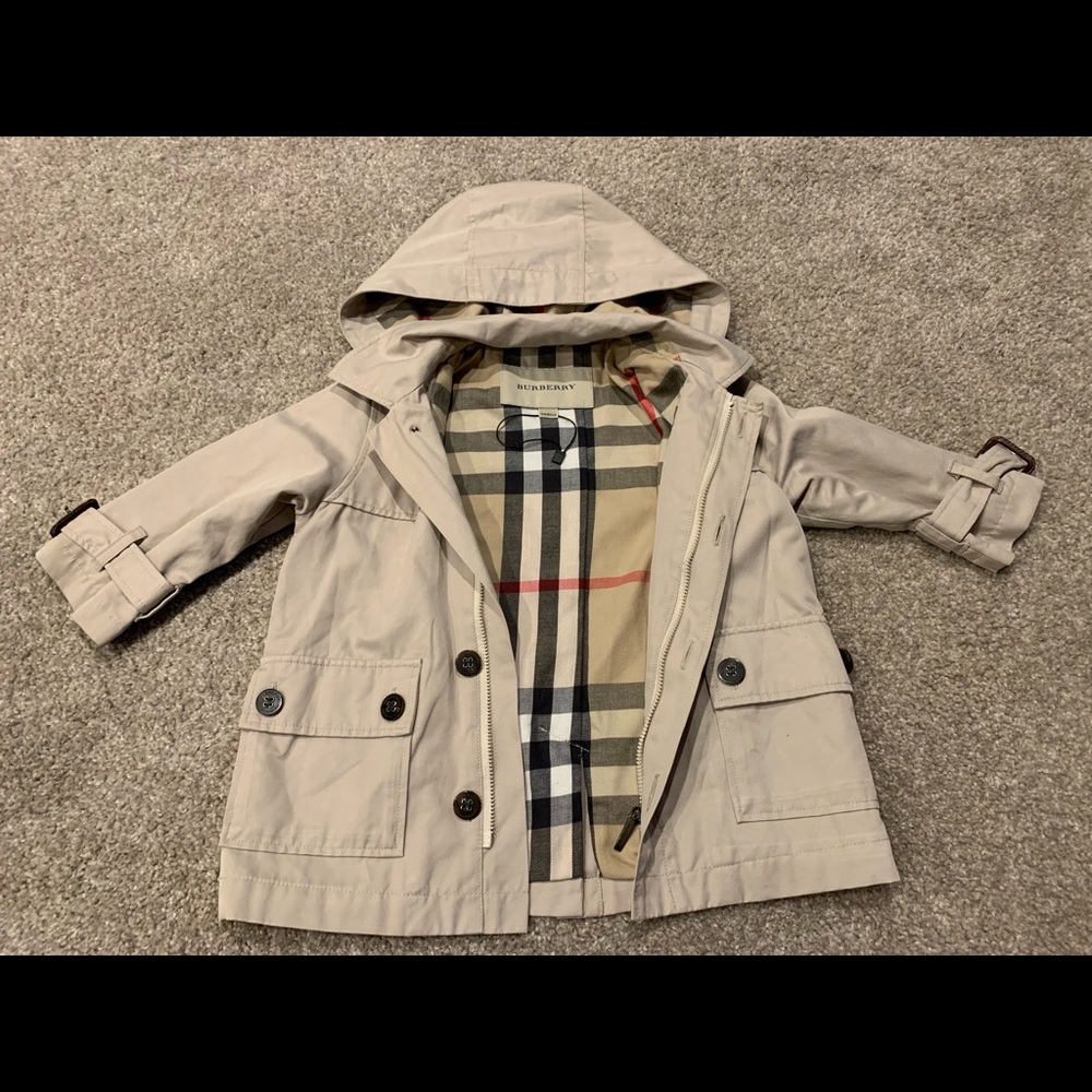 Burberry checkers trench coat with hood jacket beige boy girl 12 months